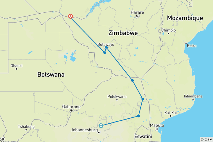 Map of Kruger, Matobo & Falls - 7 days