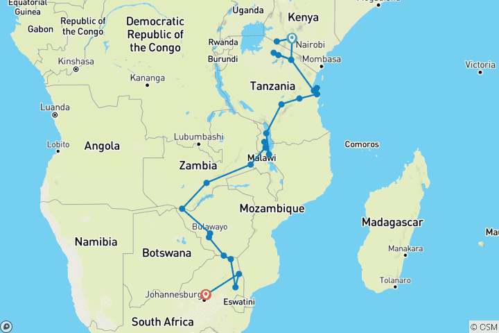 Mapa de De Masai Mara a Kruger - 31 días