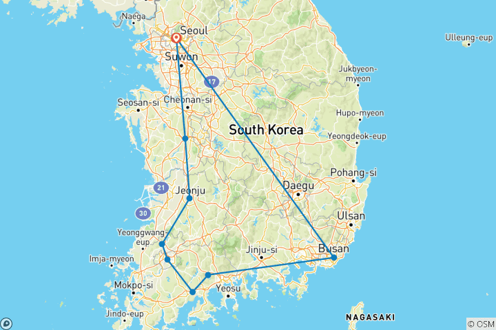 Carte du circuit 2025 Découvrez la Corée occidentale en 4 jours :  Un séjour de bien-être