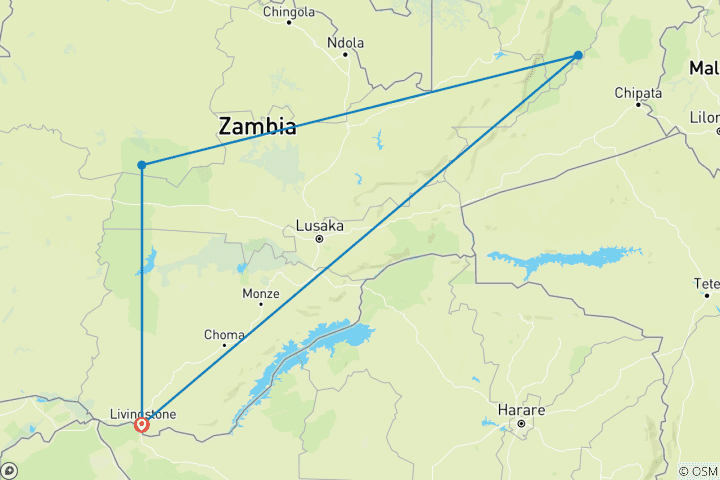 Carte du circuit Aventure safari en Zambie - Livingstone et le PN de Kafue - 7 jours