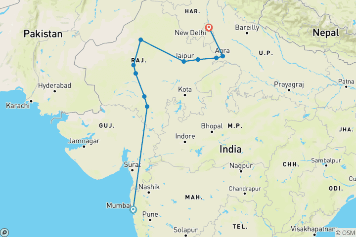 Kaart van Rondreis door Rajasthan - vanuit Mumbai - 10 dagen