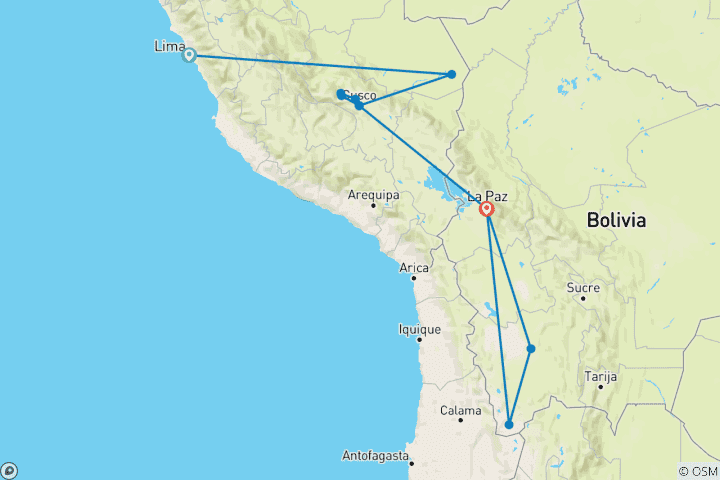 Map of Peru and Bolivia Explorer (Inca Trail Trek, 13 Days)