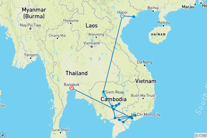 Karte von Faszinierendes Vietnam, Kambodscha und der Mekong River mit Hanoi, Ha Long Bay & Bangkok (Südkurs) 2026