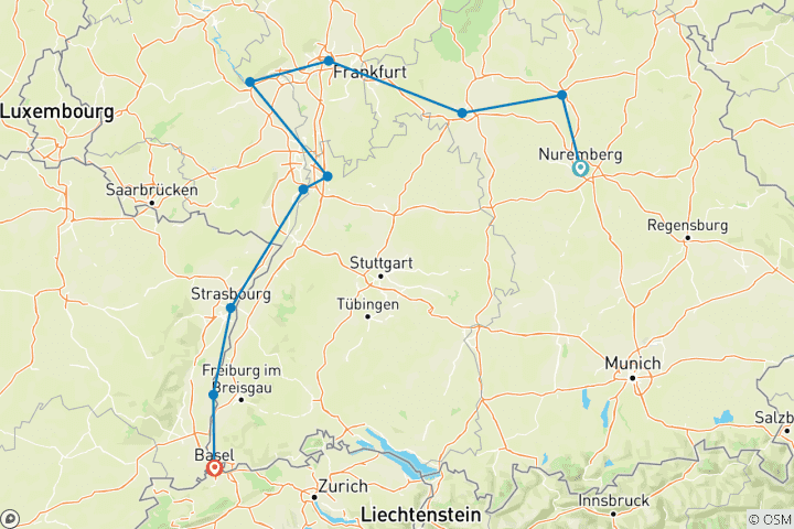 Kaart van Kersttijd van Neurenberg naar Basel 2026
