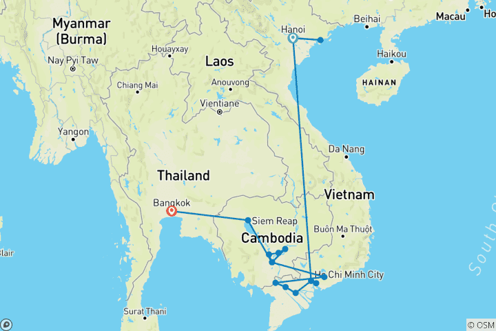 Carte du circuit Fascinant Vietnam, Cambodge et Mékong avec Hanoi, Ha Long Bay et Bangkok (vers le nord)