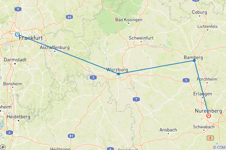 Carte du circuit Les fêtes de fin d'année au cœur de l'Allemagne 2026 (from Francfort-sur-le-Main to Nuremberg)