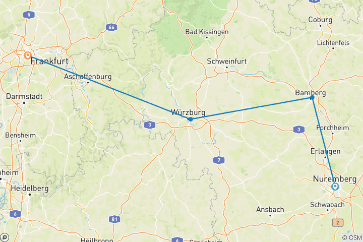 Carte du circuit Les fêtes de fin d'année au cœur de l'Allemagne 2026 (from Nuremberg to Francfort-sur-le-Main)