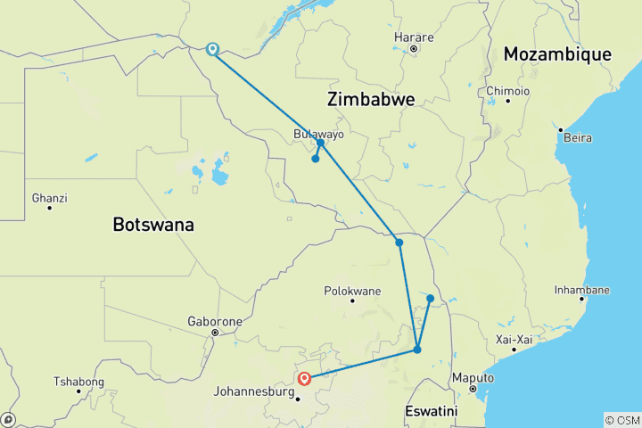 Carte du circuit Chutes, Matobo et Kruger - 7 jours