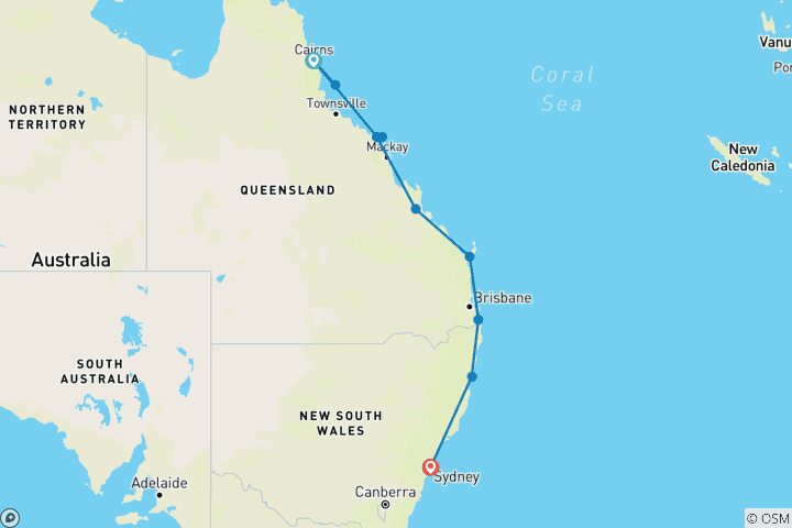 Map of East Coast Beaches and Reef (2023/2024, 12 Days)