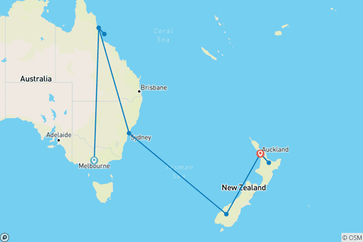 Carte du circuit Panorama de l'Australie et de la Nouvelle- Zélande - base, 2023/24, 15 jours