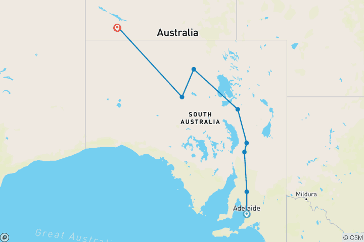 Kaart van Central to South – een verkenningsreis van Adelaide naar Uluru – 2024