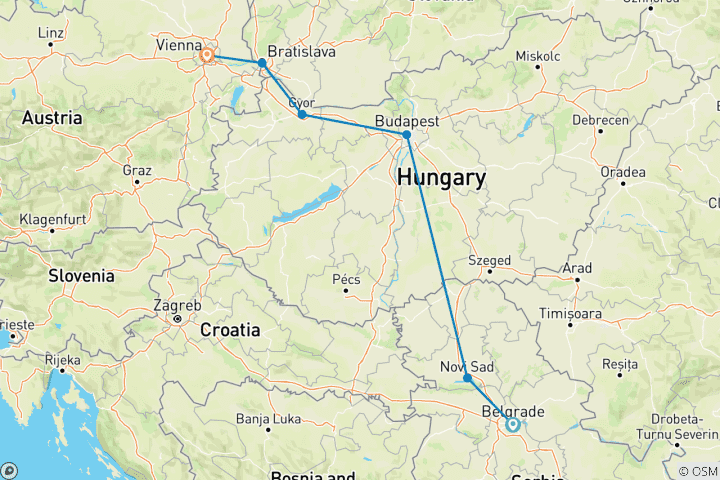 Karte von Halbprivate Tour durch den Balkan und Mitteleuropa von Belgarde nach Wien