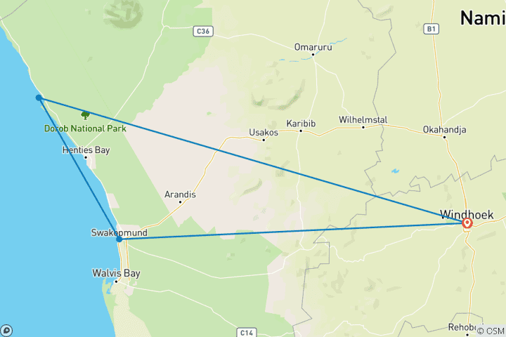 Map of 5 Days Swakopmund and Cape Cross Tour ( Lodging)