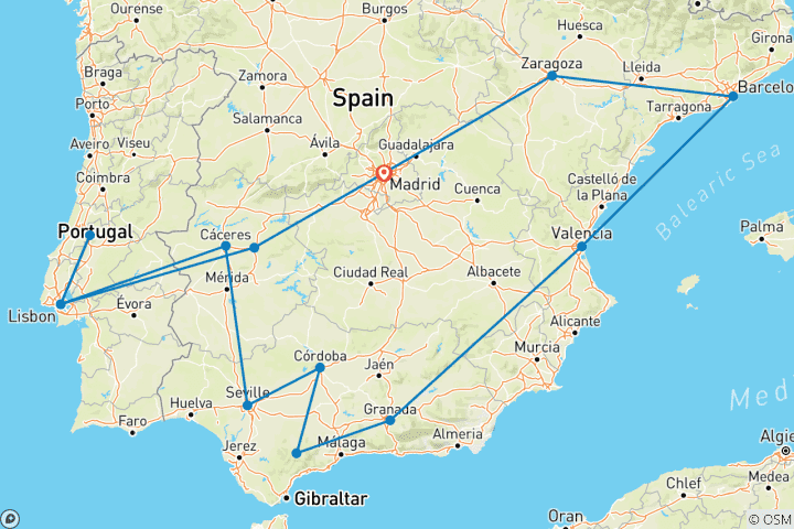 Carte du circuit Portugal magique, Andalousie et côte méditerranéenne - 12 jours