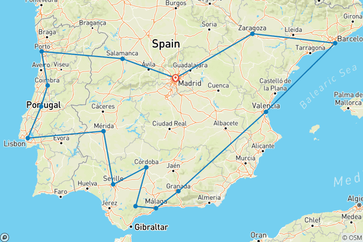 Carte du circuit Portugal magique, Andalousie et côte méditerranéenne - 13 jours