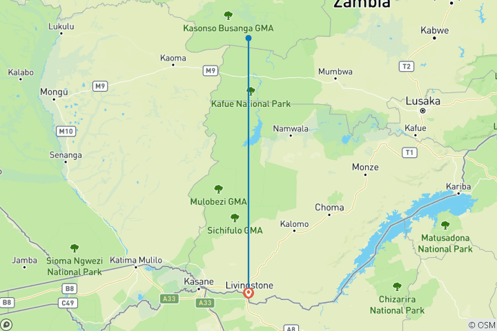 Map of From Livingstone: 3-days safari travel to Kafue National Park (southern part), Ngoma Area Management