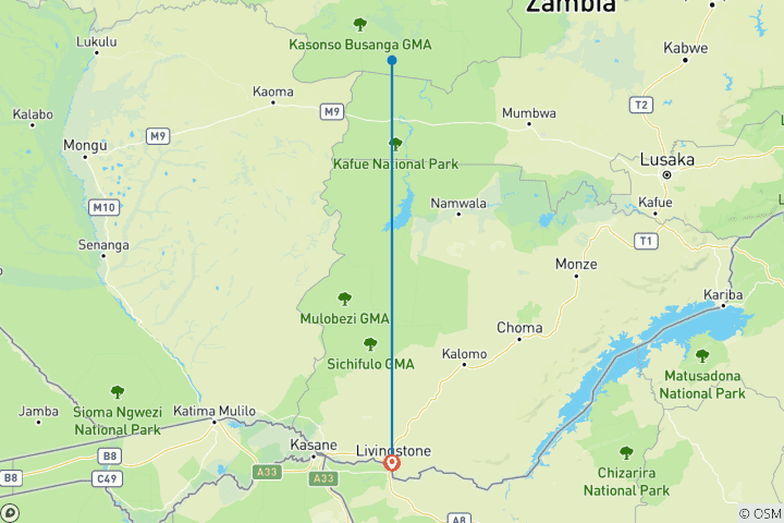 Map of From Livingstone: 3-days safari travel to Kafue National Park (southern part), Ngoma Area Management