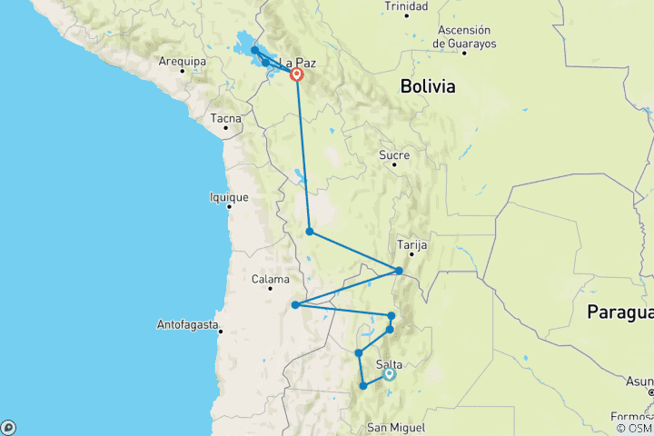 Carte du circuit 17 jours Triangle magique des Andes : Salta, Atacama, Uyuni