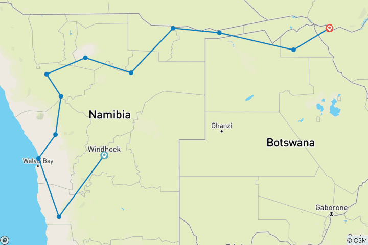 Map of 17 Days Trail Safari in Namibia, Botswana and Vic Falls (Lodging & Camping)