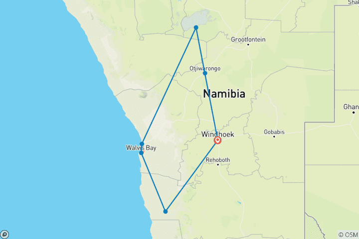 Map of 10 Day Highlight Namibia Safari - Self Drive