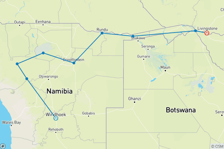 Map of 12 Days Trail Safari in Namibia, Botswana and Vic Falls (Lodging)