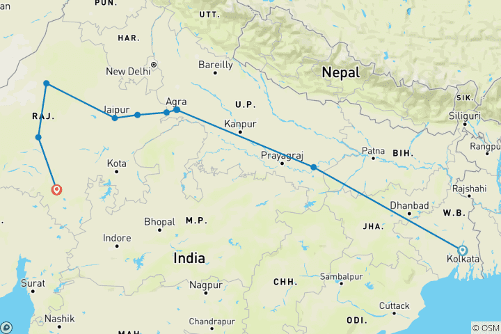 Carte du circuit Circuit Varanasi - Agra [Taj Mahal] et Rajasthan au départ de Kolkata [12 jours]