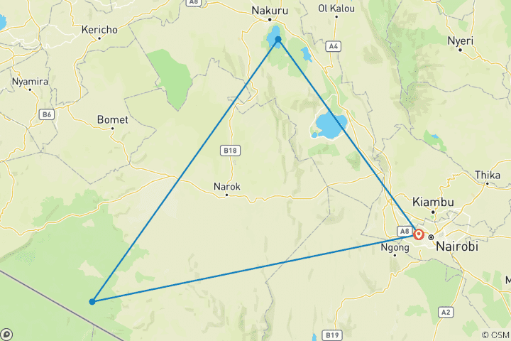Map of 4 Days, 3 Nights Masai Mara and Lake Nakuru Group Joining Safari Using a 4X4 Landcruiser Jeep