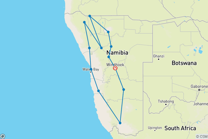 Map of 18 Day Wildlife, Landscapes and Cultural Safari (Lodging)