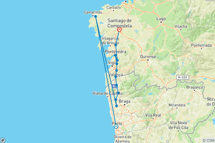 Map of Portuguese Way of St. JamesCentral From Porto 14 Days
