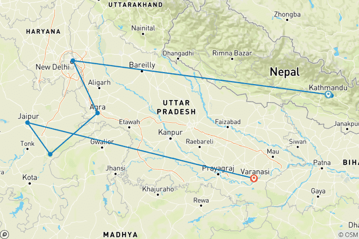 Map of Golden Triangle, Tigers and the Ganges (With Nepal, 14 Days)