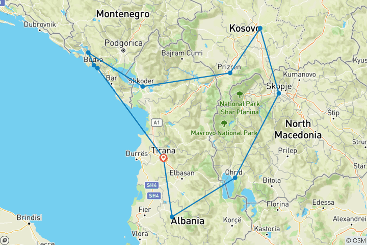 Karte von Juwelen des Balkans: Montenegro, Albanien, Kosovo und Nord-Mazedonien