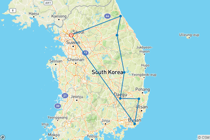 Carte du circuit 2025 Découvrez l'est de la Corée en 4 jours : Une expérience tout compris sur mesure