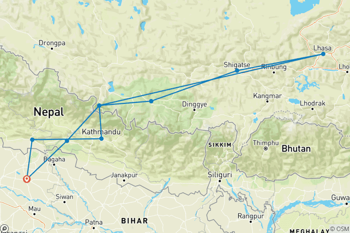 Kaart van Kailash Mansarovar rondreis: Reis over land van India naar Tibet en Lhasa