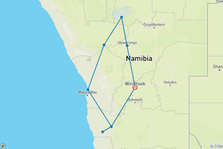 Map of Taste of Namibia 7 Days DEPARTING MONDAYS AND WEDNESDAYS **Sustainable Approach to Travel