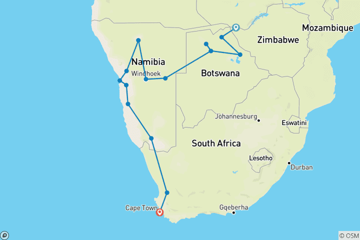 Carte du circuit Chutes, Delta et Cap - 19 jours