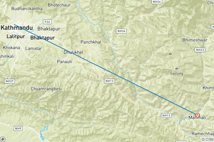 Kaart van Van Kathmandu naar Manthali (Ramachap) - luchthavenvervoer