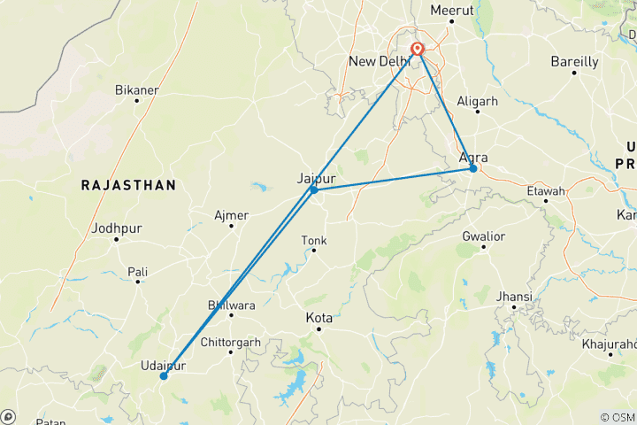 Map of 7 Days Golden Triangle with Udaipur from Delhi