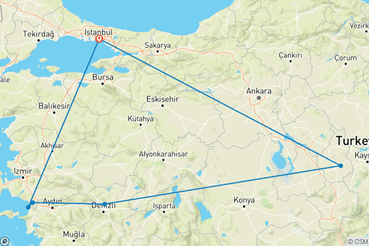 Mapa de Viaje de 9 días a Estambul, Éfeso, Pamukkale y Capadocia