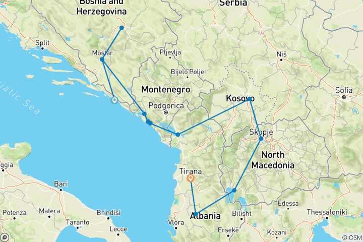 Map of Prime Croatia Bosnia & Herzegovina, Montenegro, North Macedonia, Cosovo, Albania in 8 days