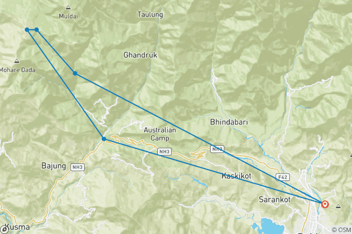 Kaart van Poon Hill trek - 2023, 2024 & 2025 - 2 dagen