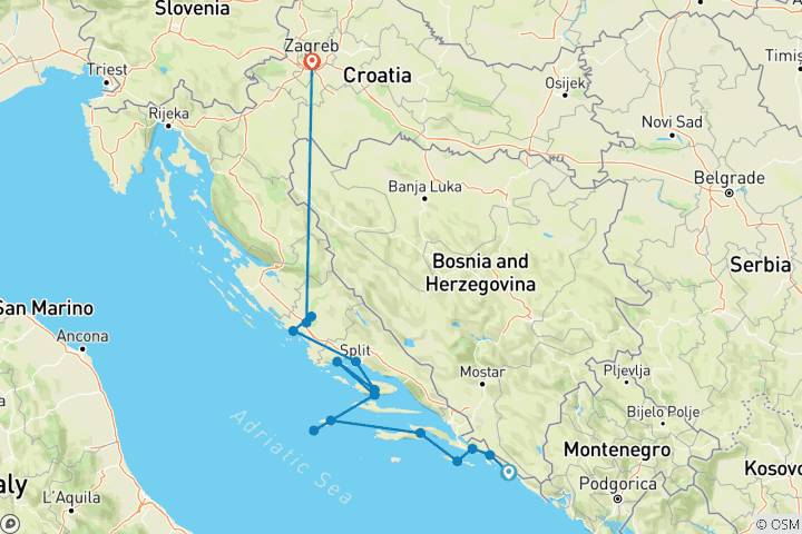 Carte du circuit Croatie et ses îles Croisière en petit bateau sur la côte adriatique - de Dubrovnik à Zagreb - 2024