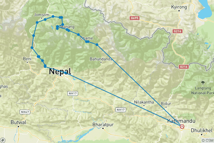 Map of Annapurna Circuit With Tilicho Lake Trek 15 Days