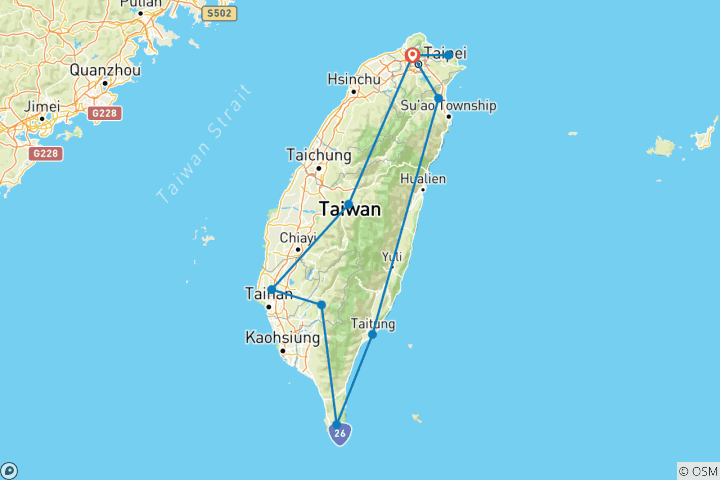 Map of Best of Taiwan 9 Days Tour Package