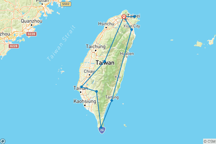 Carte du circuit Le meilleur de Taïwan - circuit de 9 jours