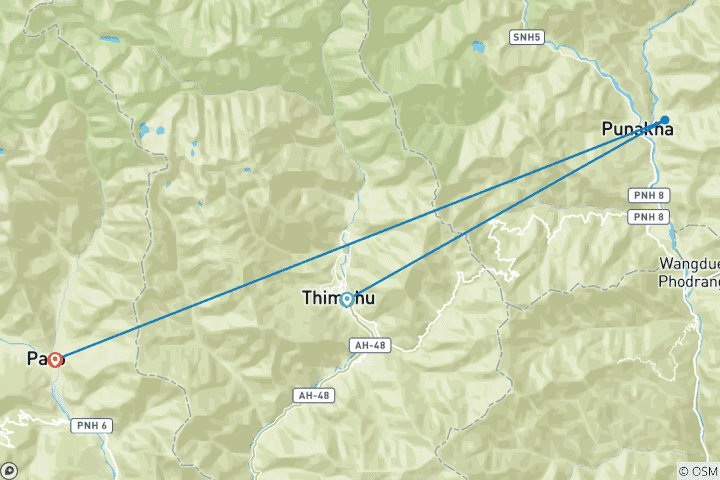 Map of Discover Bhutan tour 4 nights 5 Days