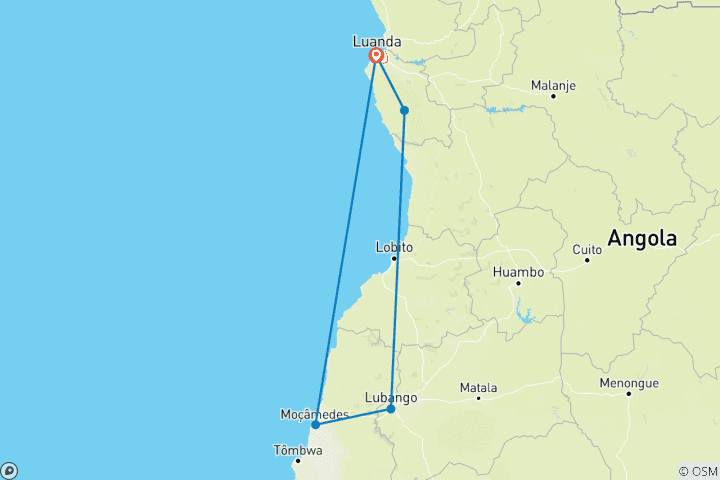 Carte du circuit Meilleur circuit sur mesure en Angola, départ quotidien et guide privé