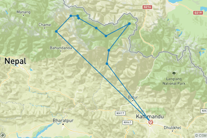 Map of Manaslu Tsum Valley Trek 16 Days