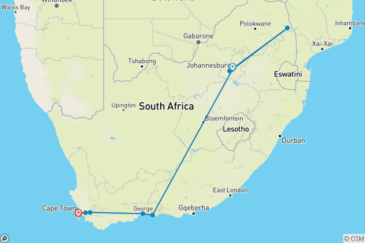 Mapa de Espectacular Sudáfrica (de Sandton a Ciudad del Cabo)