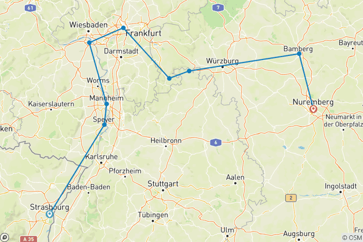 Mapa de La magia del Adviento en el Rin y el Meno (Estrasburgo - Núremberg)
