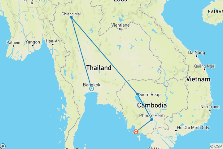 Carte du circuit Voyage de 15 jours dans l'âme secrète de la Thaïlande et du Cambodge